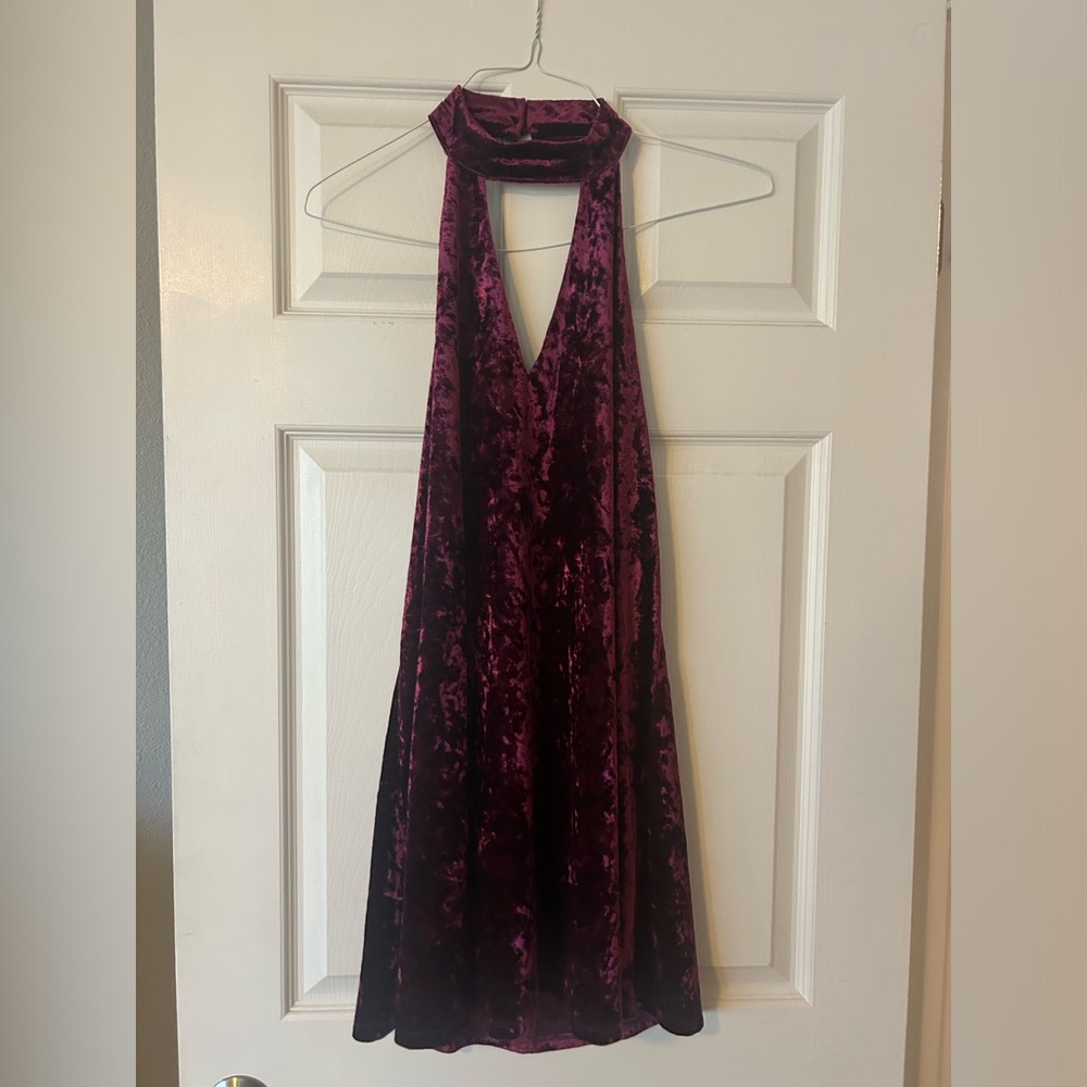 Aakaa Wine Crushed Velvet Halter Dress